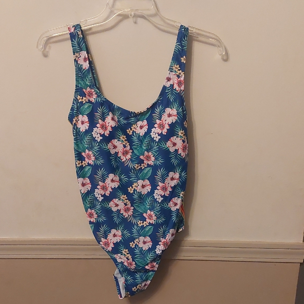 Emme Jordan Blue Floral Mesh Striped Sides Cheeky One Piece Sz L